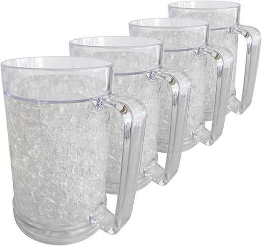 Lily's Home Freezer Beer Mugs with Handles, 16 oz Set of 4 – Clear Frosted Double Wall Insulated Acrylic, Gel-Filled, Break-Resistant for Home Bar, Pool Parties, BBQ & Outdoor