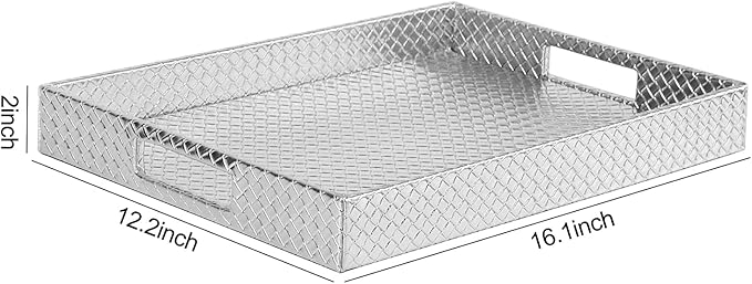 HofferRuffer Rectangle Serving Tray with Hole Handles for Coffee Table, Breakfast, Tea, Food, Butler - Countertop, Kitchen, Vanity Serve Tray, 16.2 x 12.2 x 2 inches, Faux Leather (Silver) (Pack of 2)