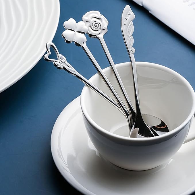 Stainless Steel Coffee Dessert Spoon, Cute Demitasse Spoon for Stirring, Creative Flower Sugar Spoon, 4 Pieces