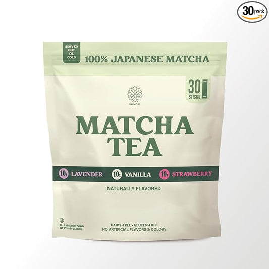 The Harmony Matcha Variety Pack (30 Sticks) Premium Japanese Matcha Powder, Lavender, Strawberry, Vanilla, Rich in Antioxidants & L-Theanine, Sweetened with Organic Sugar, No Preservatives
