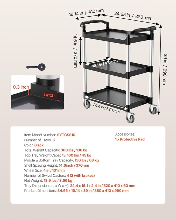 VEVOR Utility Cart, 300 lbs Load Capacity, 3-Tier Utility Plastic Cart with 360° Swivel Wheels (2 with Brakes), 24.4 x 16.1-inch Food Service Cart for Warehouse, Office, Home, Restaurant, Kitchen