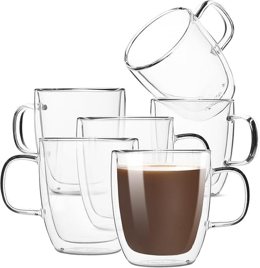 BTaT- Double Walled Glass Coffee Mugs, 12 oz, Set of 6, Glass Coffee Cups with Handle, Insulated Clear Coffee Mug for Hot and Cold Beverages, Cappuccino, Latte, Tea, Americano, Microwave Safe