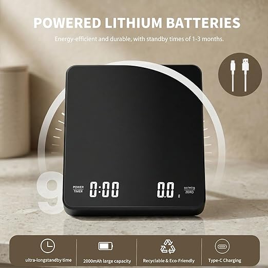 Coffee Scale with Timer 3kg/0.1g, High Accuracy Digital Kitchen Food Scale, USB-C Rechargeable Espresso Scale with Silicone Mat, Auto Timer & Auto Tare for Pour Over & Espresso Coffee (Black)