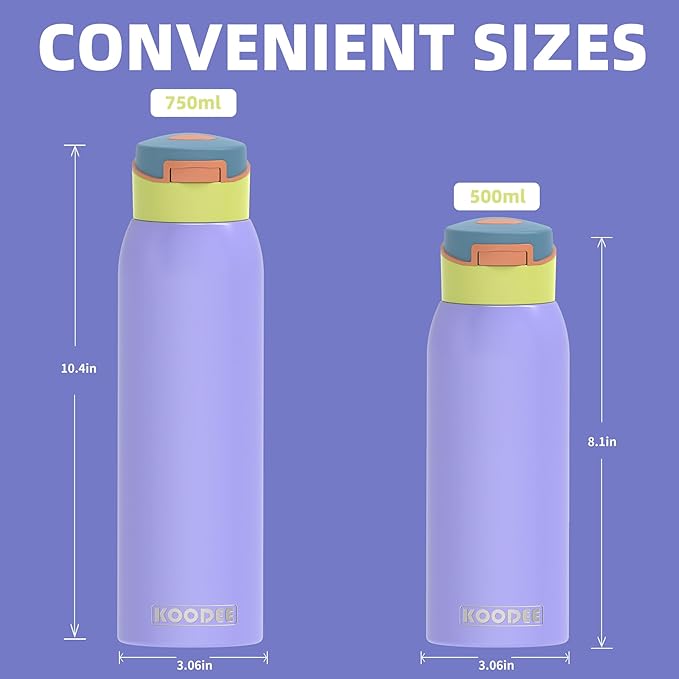 koodee 24oz Free-sip Insulated Stainless Steel Water Bottles with Soft Straw,Quick Flip GO Bounce cup Thermo-flask,Pop & Fill Double-Wall Vacuum Bottle,for Sports & Travel,BPA-Free (Sky Pop)