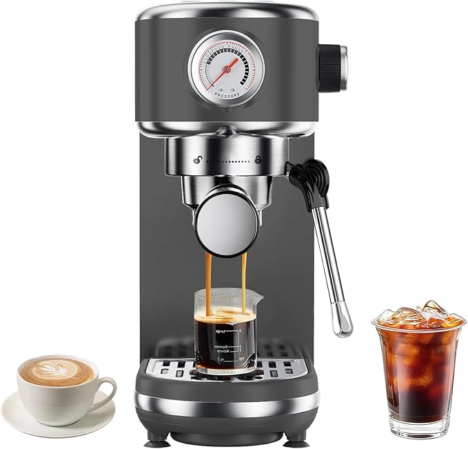 20 Bar Espresso Machine with Milk Frother, Compact Espresso Maker, Stainless Steel Coffee Machine with Precise Temp Control & 44oz Removable Water Tank for Latte, Cappuccino, Dark Grey
