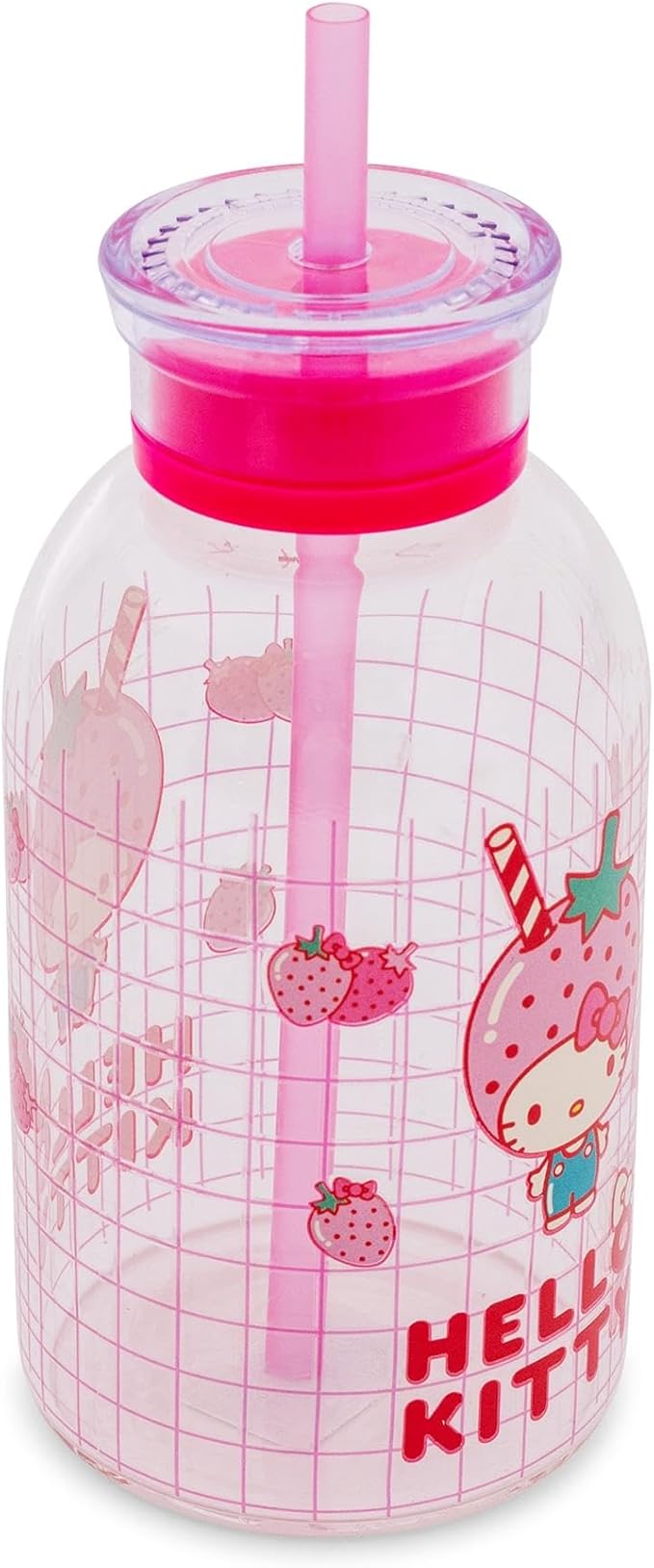 Silver Buffalo Sanrio Hello Kitty Strawberry Milk Grid Glass Milk Bottle with Straw, 15 Ounces