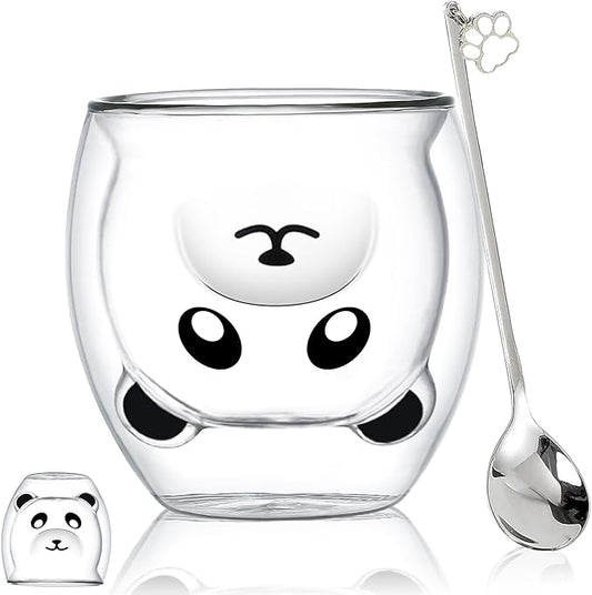 Panda Mug Cute Mugs Glass Double Wall Insulated Glass Espresso Cup, Kawaii Mug, Coffee Cup, Tea Cup, Milk Cup, Birthday Christmas Gifts(Panda)