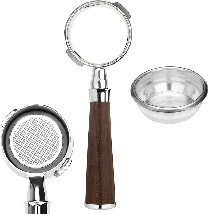 58mm Bottomless Nakeds Portafilter with Premium Ebony Wood Handle - Stainless Steel, Includes 18g Precision Basket for E61 Group-Head Espresso Machines