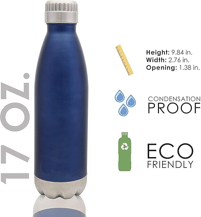Sweat-free Stainless Steel Reusable Water Bottle (17 oz.) Vacuum Insulated Copper Lined Double-Wall | Keeps Liquids Cold for 24 hrs, Hot for 16 hrs | Eco-friendly, Portable, Leakproof | Vastigo (Navy)