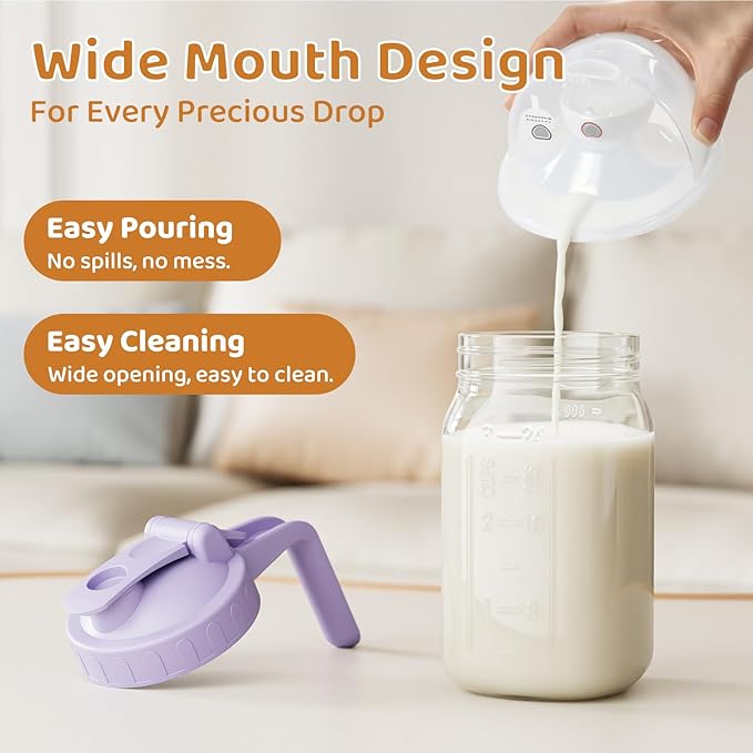 Breast Milk Pitcher, Mason Jar 32 oz, Heavy Duty Wide Mouth Jar with Purple Flip Cap Lid and Pour Spout, Formula Pitcher Airtight Seal for Freshness and Convenience, Great for Cold Beverages