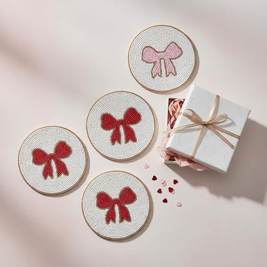 Folkulture Valentine Beaded Coasters Set of 4 (4″) | Handmade Boho Drink Coasters, Decorative Table Protection for Coffee & Cocktails | Romantic Gift for Her | Cute Valentine Table Décorations