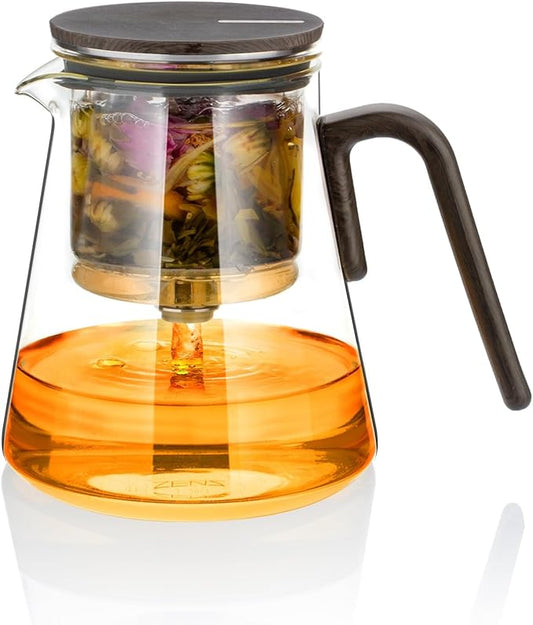 ZENS Magnetic Tea Pot, Enchanted Glass Teapot with Infuser and Magnetic Suction Lid for Mess-Free Loose Tea Diffusers, Black Walnut Pattern Handle, Tea Lovers Gifts