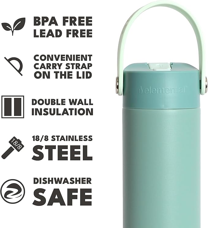 Elemental 24oz Insulated Water Bottle with Straw - 100% Leak-Proof Stainless Steel Core Water Bottles for Travel, Sports and Gym - Double Wall Insulation & BPA Free - Sage