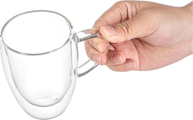 Restaurantware-Forma Professional 11.8 Ounce Glass Coffee Cups, 2 Insulated Coffee Cups With Handle - Dishwashable, Reusable, Clear Double Wall Beverage Tumblers, Freezable, For Hot Or Cold Beverages