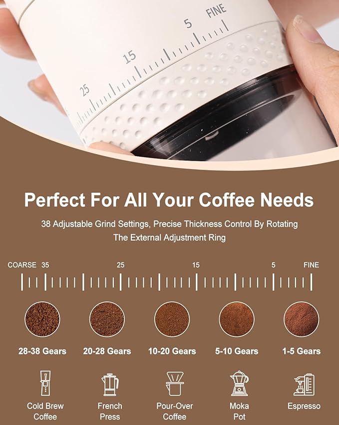 Portable Electric 420 Stainless Steel Burr Coffee Grinder, Rechargeable Espresso Grinder with 38 Adjustable Grind Settings (White)