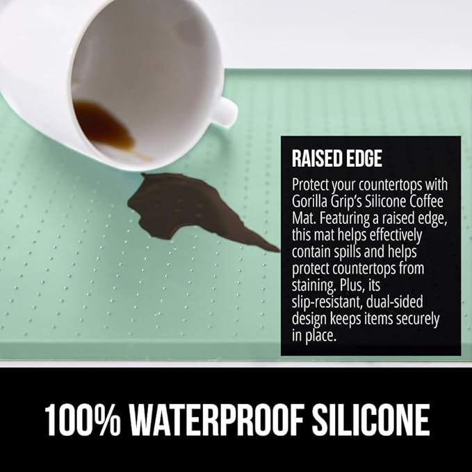 GORILLA GRIP Silicone Coffee Mat, Espresso Machine Bar Accessories, Keep Kitchen Counters Clean, Stays in Place, Waterproof and Heat Resistant Dish Drying Mats, Home Decor Essentials, 10x14, Mint