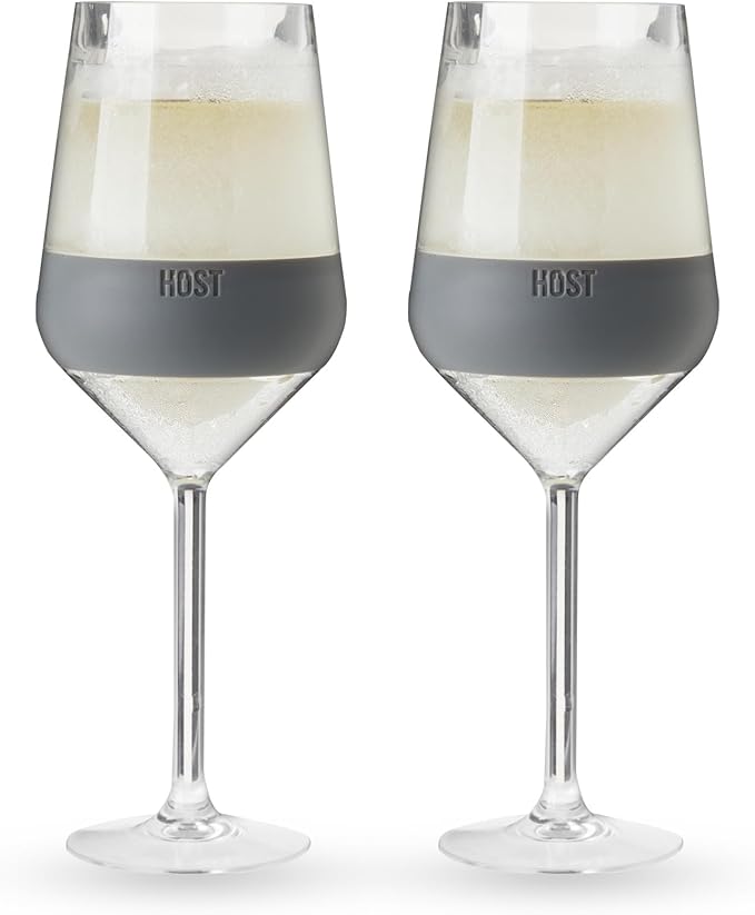 Host Wine Freeze Double-Walled Stemmed Wine Glasses Freezer Cooling Cups with Active Cooling Gel and Insulated Silicone Grip, 6.5 Oz Plastic Tumblers, Gray, Set of 2