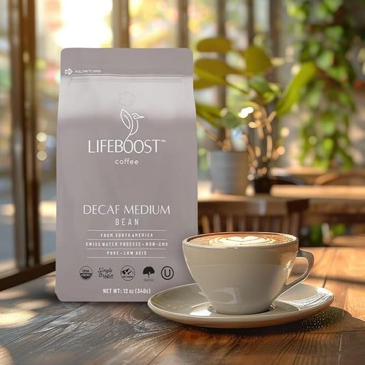 Lifeboost Medium Roast Swiss Water Decaf Whole Bean Coffee - Low Acid Organic Decaf Coffee, Non-GMO, USDA Organic, Single Origin, Third-Party Tested for Mycotoxins & Pesticides - 12 oz Bag