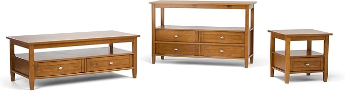 SIMPLIHOME Warm Shaker Console Table - 48 Inch Wide Solid Wood Sofa Table in Light Golden Brown, Transitional Storage Table for Living Room with 4 Drawers, Open Shelf, and Brushed Nickel Knobs