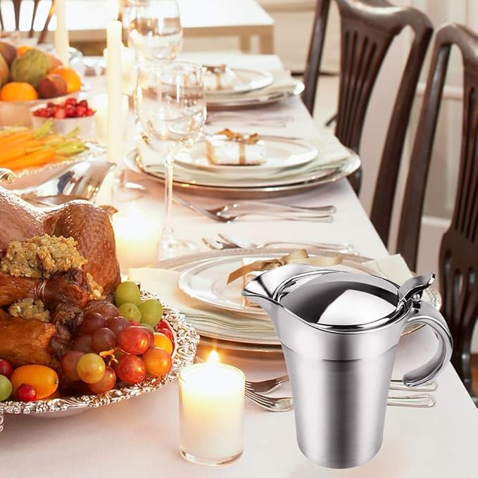 ShineMe Stainless Steel Gravy Boat Sauce Jug with Lid, 26oz Double Wall Insulated, Storage for Gravy or Cream, Used at Home & Kitchen