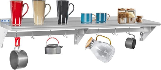 Hally Stainless Steel Shelf with 8 Hooks 14" x 72" Wall Mounted Pot Rack 400lb, NSF Commercial Floating Shelving for Storage Hanging Pots, Pans, cookware in Restaurant, Kitchen, Home and Hotel