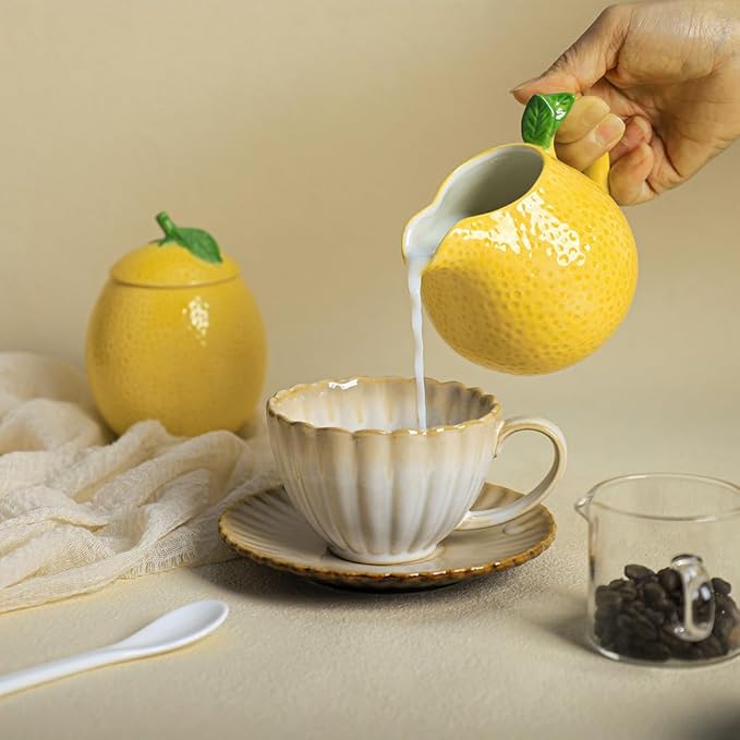 WAIT FLY Ceramic Lemon Creamer with Handle Coffee Milk Pitcher/Serving Pitcher/Sauce Pitcher/Milk Creamer Jug for Kitchen