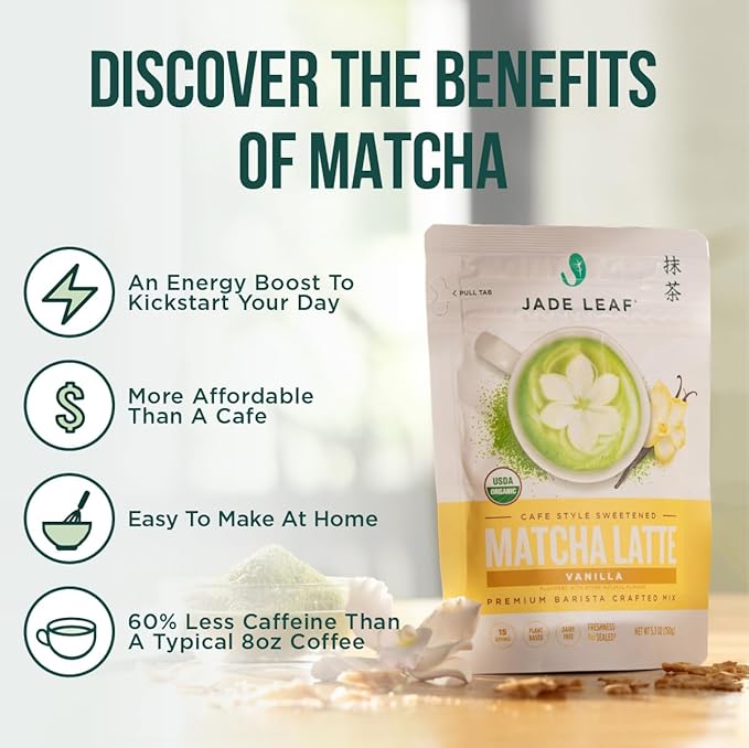 Jade Leaf Matcha Organic Grade Matcha Green Tea Powder - Japanese - Culinary, Ingredient, Ceremonial Barista Teahouse, Latte, Collagen, 5.3 Ounce (Pack of 1), Vanilla Matcha Latte