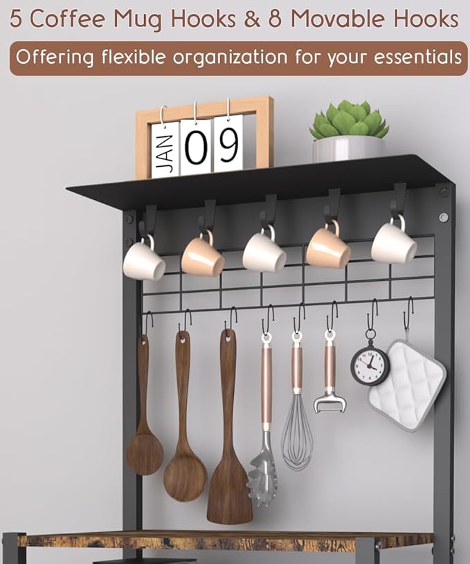 4 Tier Coffee Bar Station, Corner Bakers Rack with 5 Hooks & Wire Basket, Coffee Maker Stand for Small Space, Kitchen Storage Shelf for Entryway, Living Room, Café, Black, 16.5"x13"x47.8"