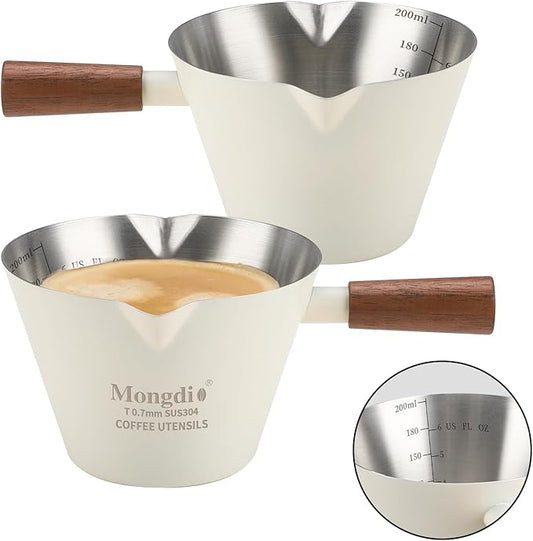 Mongdio 2 Pcs Espresso Measuring Cup, Stainless Steel Espresso Shot Cups with Wooden Handle and Double Spouts, 6.8OZ/200ML, White