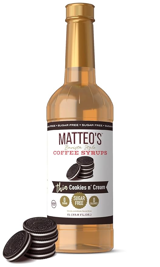 Matteo's Cookies and Cream Syrup for Coffee, Lattes, Cappuccinos & Desserts – Sugar-Free Sweetener for Beverages, Keto Friendly, Zero Calories, Indulgent Flavor, Non-Alcoholic, 33.8oz (1pk)
