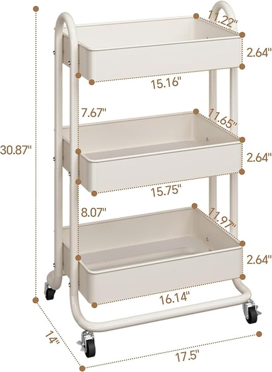 MIOCASA 3-Tier Metal Utility Rolling Cart, Heavy Duty Multifunction Cart with Lockable Casters, Easy to Assemble, Suitable for Office, Bathroom, Kitchen, Garden