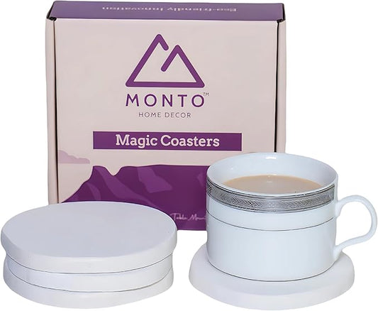 Magic Coasters – Absorbent Stone Coaster Set of 4 for Drinks, Diatomaceous Earth, Table Slip Proof with Sturdy Cork Bottom, Stylish and Sustainable Drink Holder (White Slate)