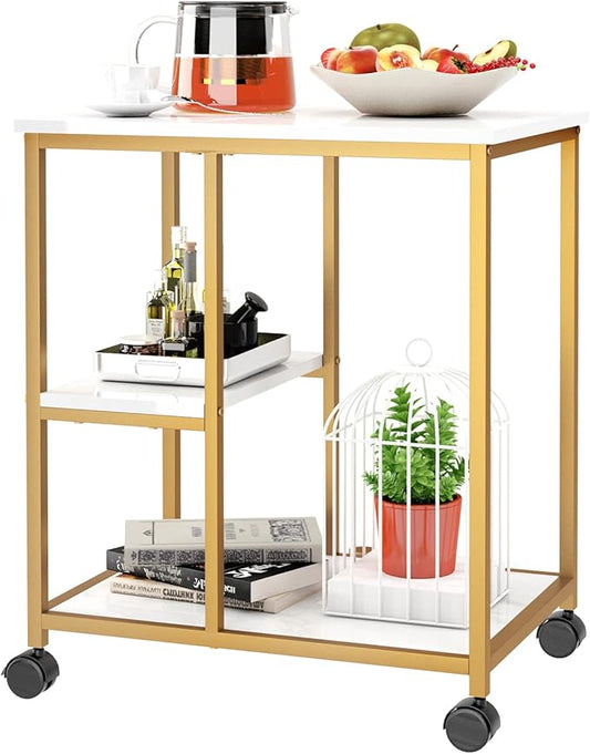SogesHome Gold Bar Cart, Utility Bar Serving Cart Kitchen Island Rolling Cart on Wheels with Shelves for Living Room, Office, Coffee