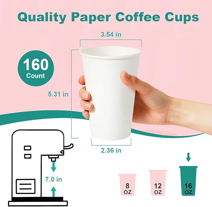 Coolcap 16 oz 160 Pack Disposable Coffee Cups, Bulk White Disposable Paper Cups, Coffee Cups for Hot Tea, Chocolate and Cold Drinks