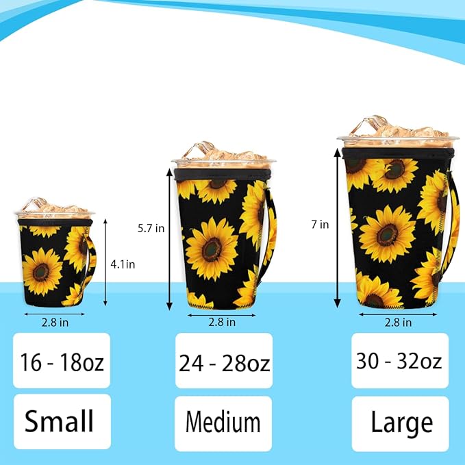 Sunflower Printed Reusable Insulator Coffee Sleeves for Drinks Beverages, Neoprene Holder with Handle for Most Coffee or Ice Drink, 24-28oz
