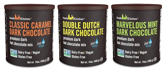 Castle Kitchen Natural Hot Chocolate Mix Variety Pack (42 Oz) - Dairy-Free, Vegan Complete Mixes - Just Add Water - Pack of 3 (Classic Caramel, Marvelous Mint Dark Chocolate) 14 oz Each