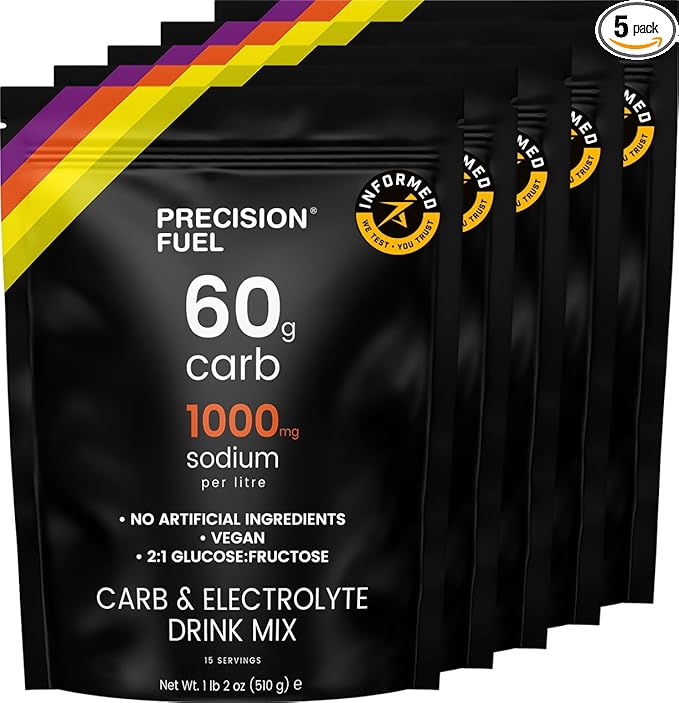 Precision Fuel PF60 Carb & Electrolyte Drink Mix Powder for Hydration & Energy - Endurance Sports Nutrition, Vegan, Hypotonic - 60g Carb, 1000mg Sodium per Litre - Mild Citrus Flavor, 5-Pack