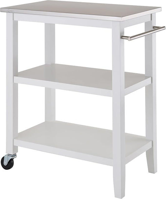 TRINITY 3-Tier Mobile Kitchen Island Storage Cart with Stainless Steel Top, 31.4" x 18" x 35", White