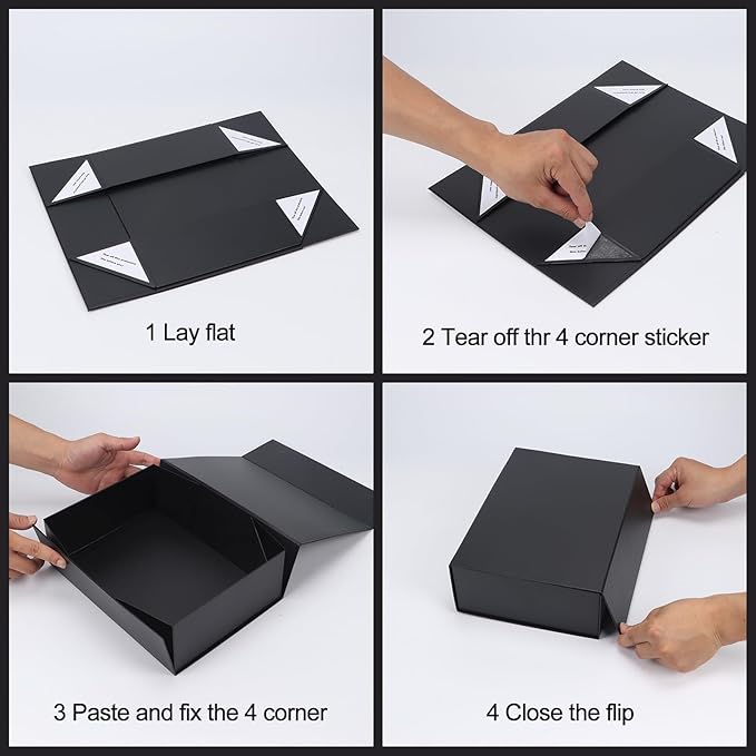 Ditwis 4 Pack 10x7x5 Inches Gift Boxes with Magnetic Closure Lids, Black Magnetic Box for Wedding, Groomsmen Bridesmaid Proposal, Birthdays, Mother's Day