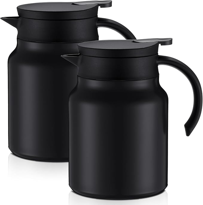 2 Pcs Thermal Coffee Carafe for Keeping Hot/Cold Stainless Steel Small Coffee Creamer Container Double Wall Vacuum Insulated Tea pot Beverage Dispenser for Milk Hot Chocolates(Black,34 oz)