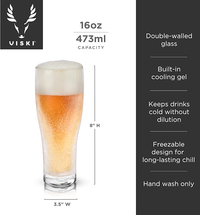 Viski Glacier Double Walled Beer Glass with Active Cooling Gel, Keeps Drinks Cold Longer for Indoor and Outdoor Parties, Home Bar, Birthday Gifts for Men, Beer Gifts for Dad, 16 oz, Set of 1