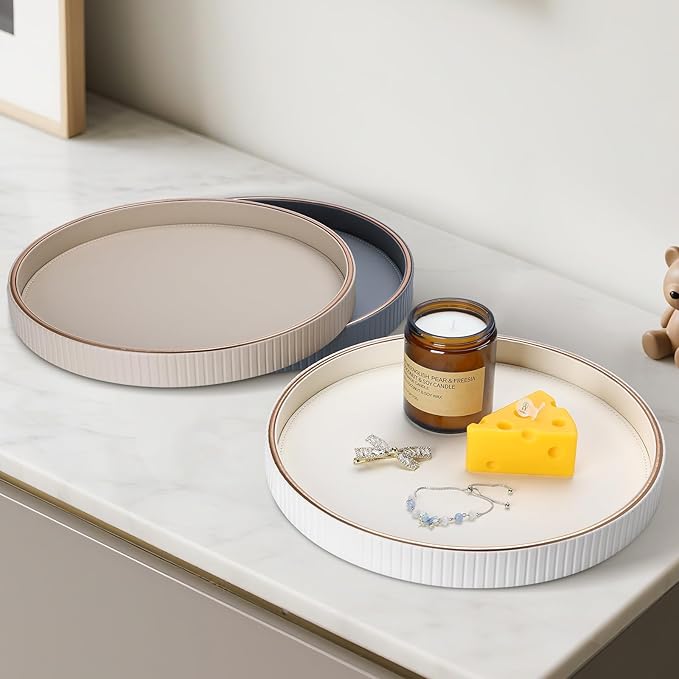 KINGFOM Round Decorative Tray, PU Leather Vanity Tray Organizer with Gold Trim for Dresser, Coffee Table & Bathroom Counter, Modern Home Decor Jewelry & Perfume Tray for Men Women (Ivory White)