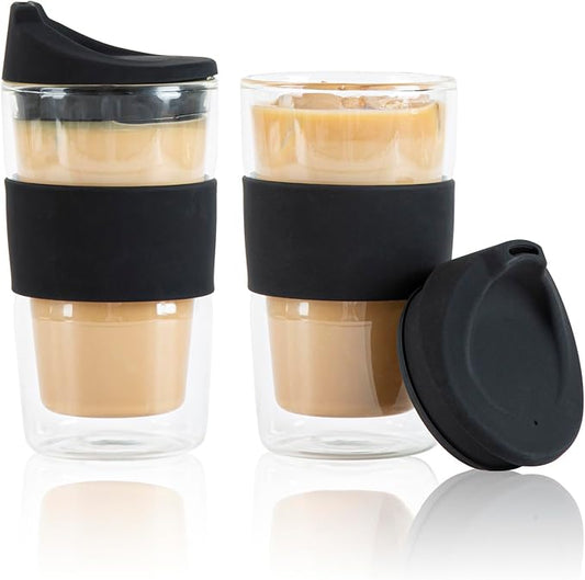 Restaurantware Glass Travel Mug 1 Count 12 Ounce Double Wall Borosilicate Reusable Coffee Cup, Spill-Resistant Black Silicone Lid, Clear Drinkware Mug for Hot and Cold Beverages