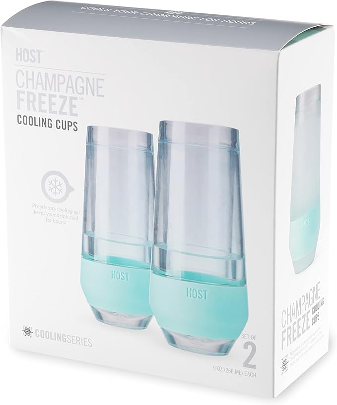HOST Champagne Freeze Double-Walled Stemless Wine Glasses Freezer Cooling Cups with Active Cooling Gel and Insulated Silicone Grip - 9 Oz Plastic Tumblers, Seafoam Tint, Set of 2