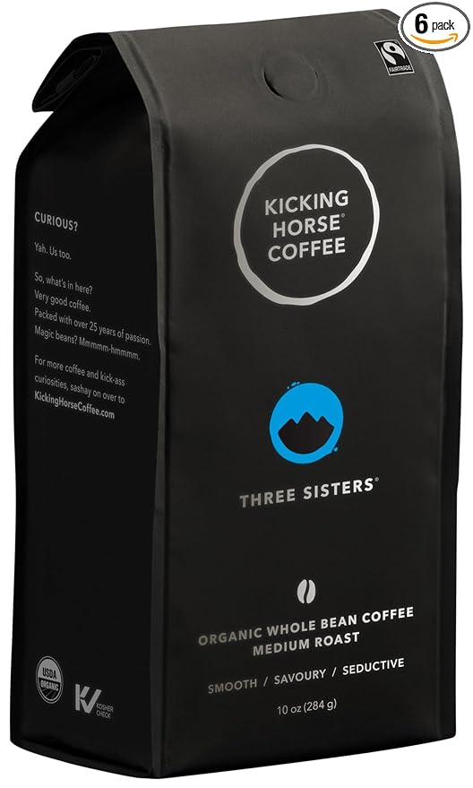 Kicking Horse Coffee, Three Sisters, Medium Roast, Whole Bean, 10 Oz - Certified Organic, Fairtrade,10 Ounce (Pack of 6)