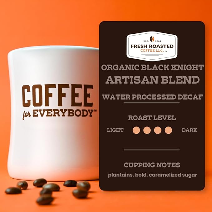 Fresh Roasted Coffee, Organic Black Knight Water-Processed Decaf | USDA Organic, Kosher | Dark Roast | 96 Pods for K Cup Brewers