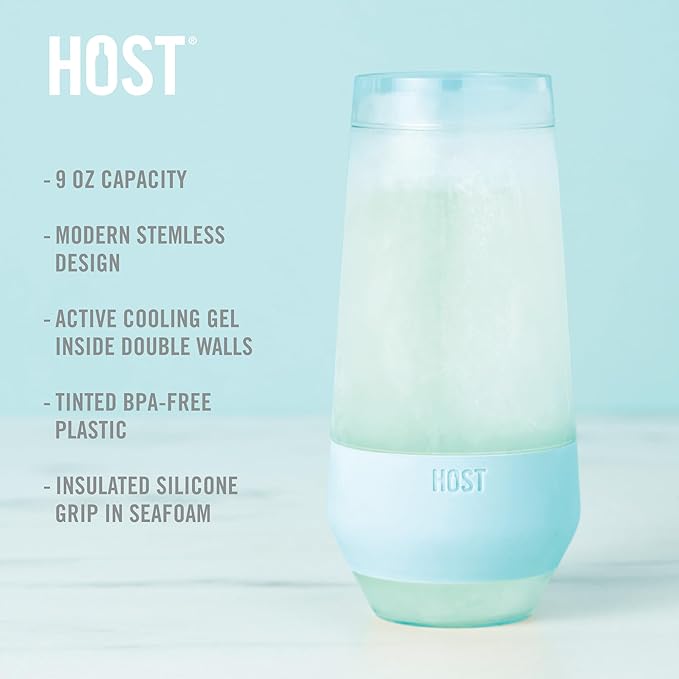 HOST Champagne Freeze Double-Walled Stemless Wine Glasses Freezer Cooling Cups with Active Cooling Gel and Insulated Silicone Grip - 9 Oz Plastic Tumblers, Seafoam Tint, Set of 2