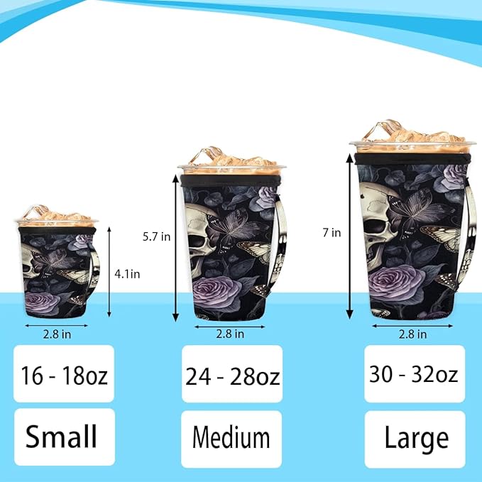 Reusable Iced Coffee Sleeve with Handle, Vintage Skull Flower Neoprene Cup Sleeve Butterfly Roses Insulator Cup Holder for Cold Drinks Beverages 16oz - 18oz