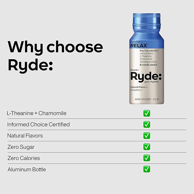 Ryde: Relax Shot | Raspberry Flavor | Lemon Balm, L-Theanine, Ginseng & Chamomile |0 Calories, 0 Sugar | 2 FL OZ Shots | Helps You Relax* (24 Pack)