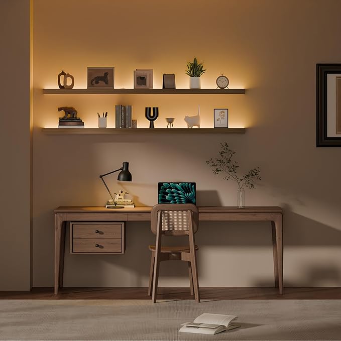 60 inch LED Gaming Floating Shelves for Wall,Solid Wood Long Wall Shelves Set of 2 with Light for Gaming Room,Natural Rustic Wall Mounted Shelves for Living Room Bedroom Kitchen Garage